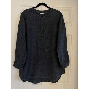 Eileen Fisher Chambray Linen Tunic Blouse Sz L Quiet Luxury Classic Preppy Top